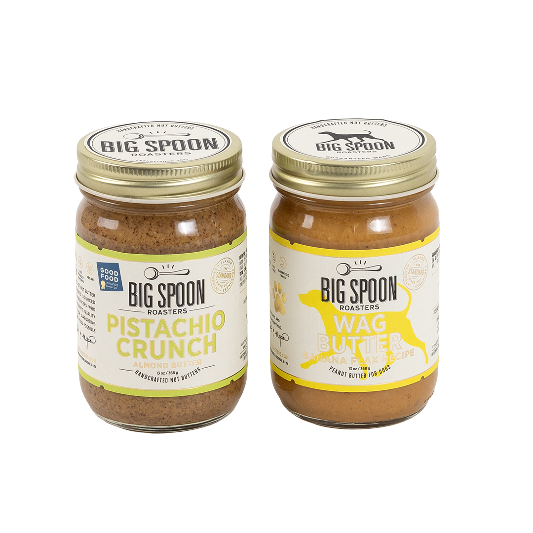 Two jars of Big Spoon Roasters nut butter on a white background