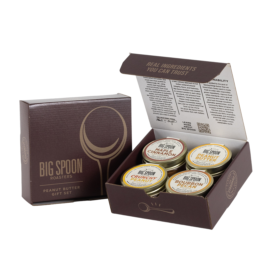Big Spoon Roasters peanut butter gift set with open box on a white background