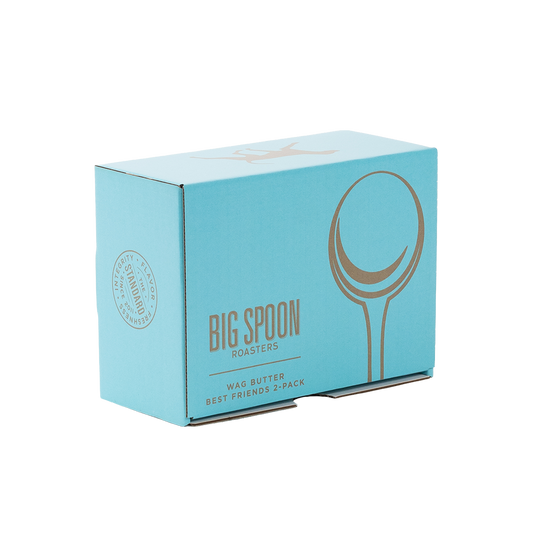 Light blue closed gift box with Big Spoon Roasters logo and branding
