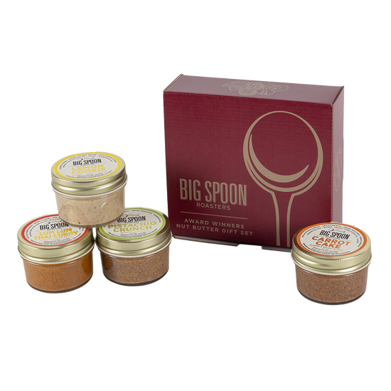 Big Spoon Roasters nut butter gift set with four jars and a box on a white background