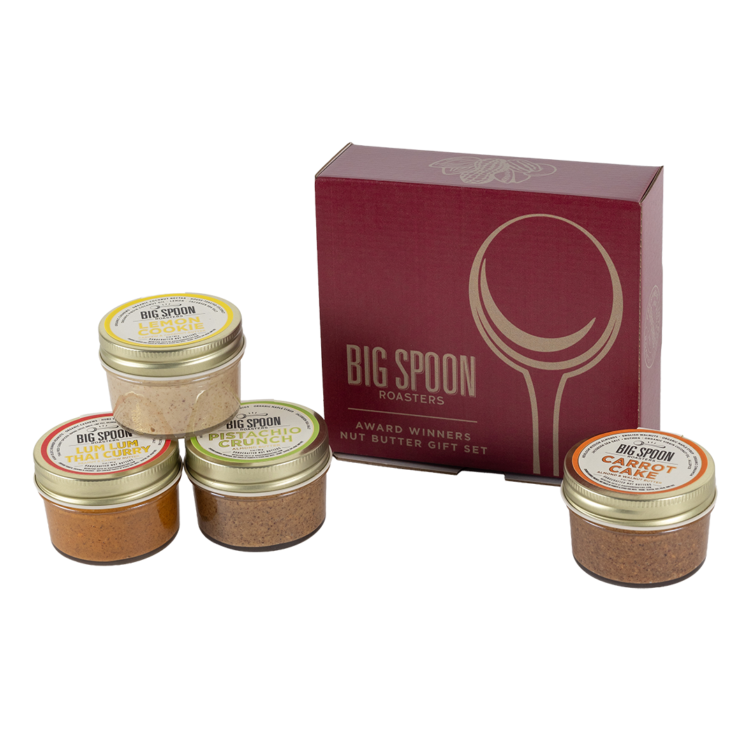 Big Spoon Roasters nut butter gift set with four jars and a box on a white background