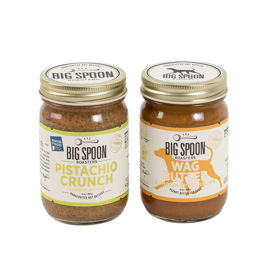 Two jars of Big Spoon Roasters nut butter on a white background
