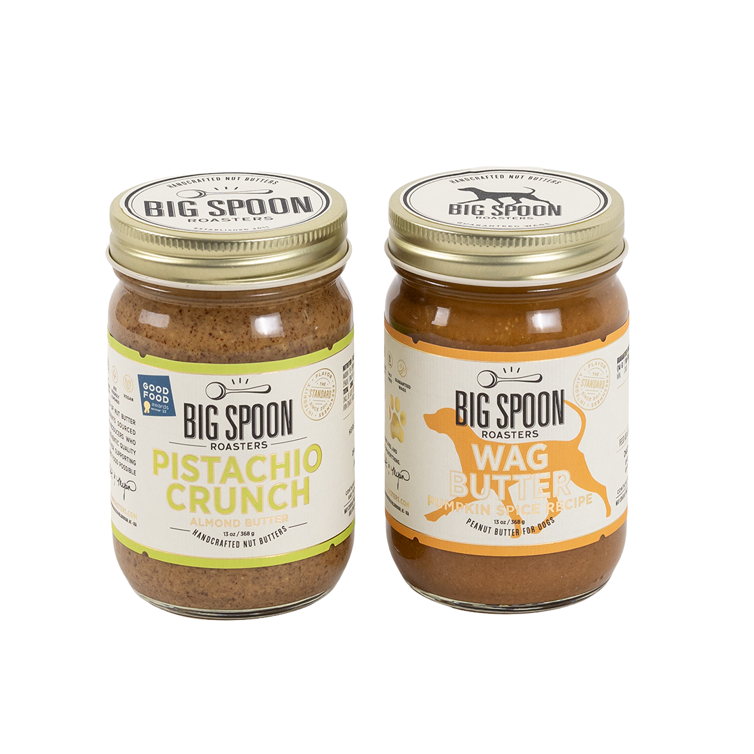 Two jars of Big Spoon Roasters nut butter on a white background