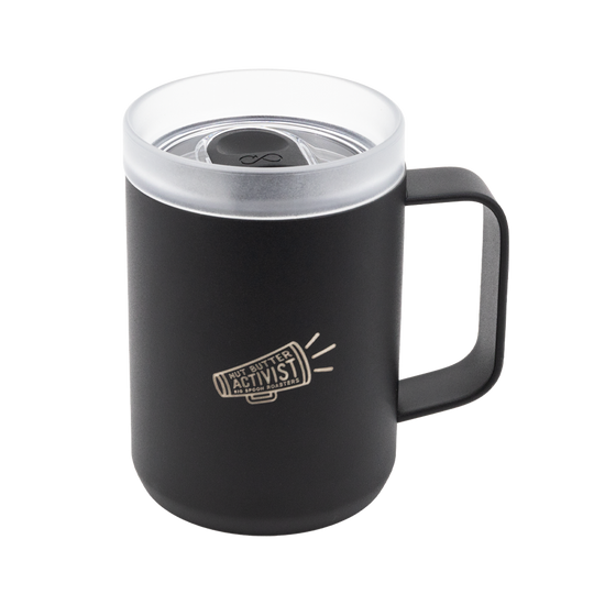 Black Ocean Bottle travel mug with a silver logo reading NUT BUTTER ACTIVIST 