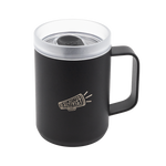Black Ocean Bottle travel mug with a silver logo reading NUT BUTTER ACTIVIST 