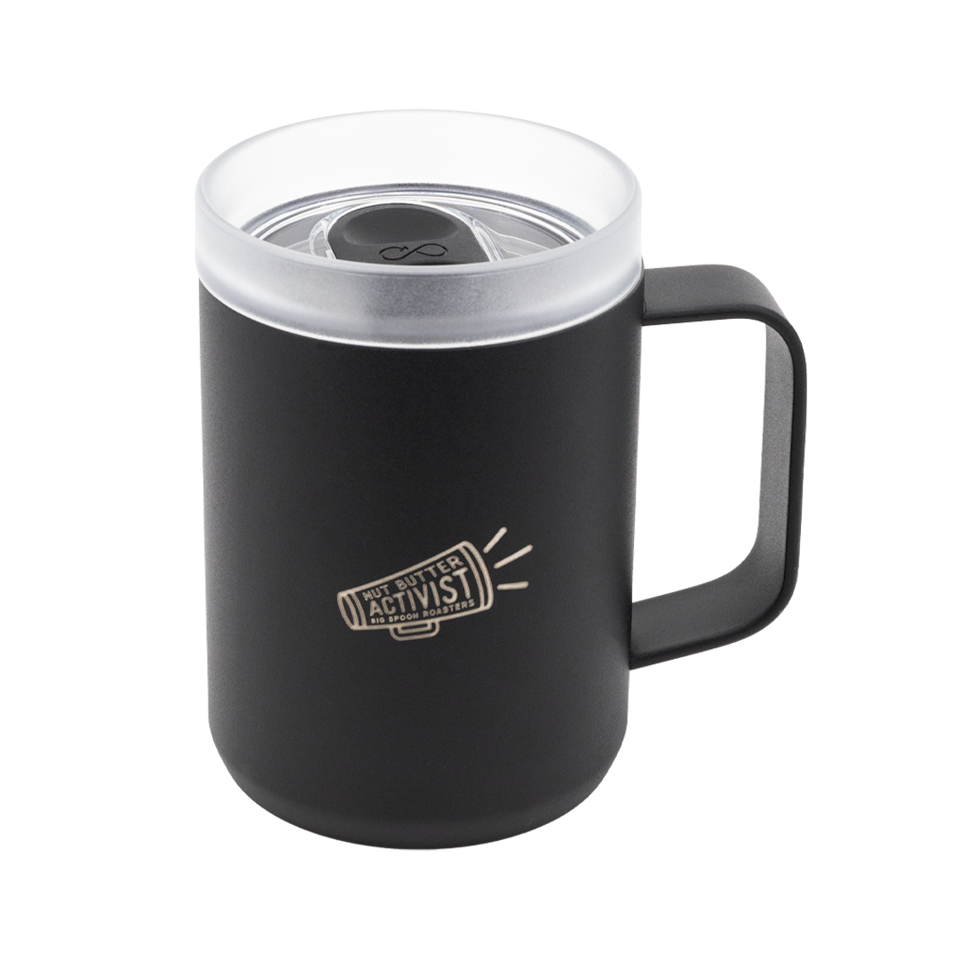 Black Ocean Bottle travel mug with a silver logo reading NUT BUTTER ACTIVIST 