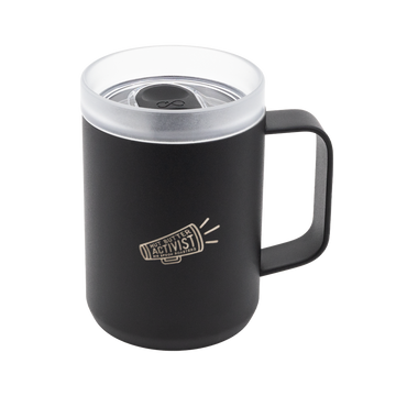 Black Ocean Bottle travel mug with a silver logo reading NUT BUTTER ACTIVIST 