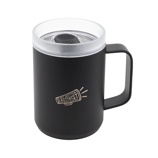 Black Ocean Bottle travel mug with a silver logo reading NUT BUTTER ACTIVIST 